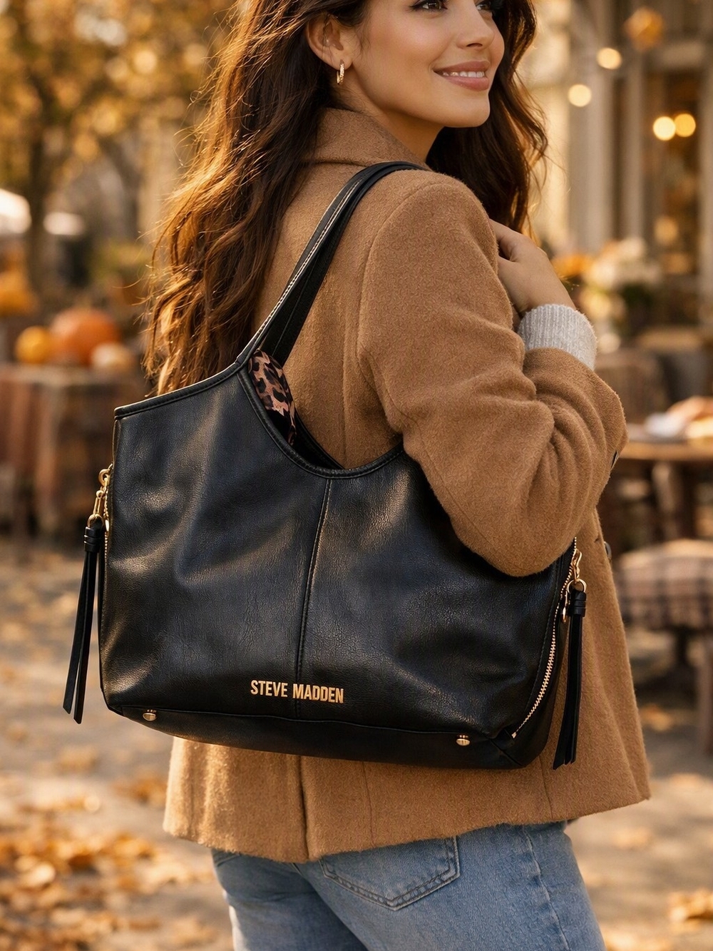 Steve Madden Black Leather Tote with Gold Logo Accent